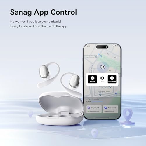 Sanag Open-Ear Wireless Earbuds Bluetooth 5.4 with Secure Earhooks - 56H Playtime, HiFi Deep Bass, Clear Calls, IPX4 Waterproof, Sports Running Workout Earphones with APP Control, Black (C16S-White)