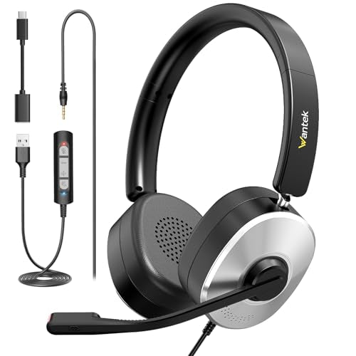 Wantek USB Headset with Microphone for PC, Wired On-Ear | Noise Cancelling Mic, USB/3.5mm/Type-C, Home Office, Work, Call Center, Online Courses, Skype, Zoom(Silver)