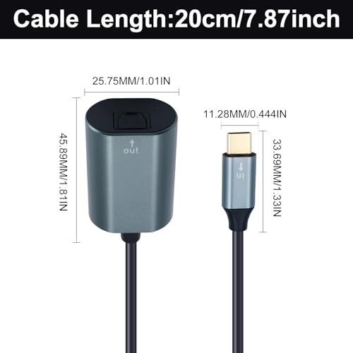 Poyiccot USB C to Toslink Optical Audio Adapter 20cm/7.87inch, USB C Male to Toslink Female Supports SPDIF Audio Output Suitable for Notebook Computers, Tablets, Mobile Phones.