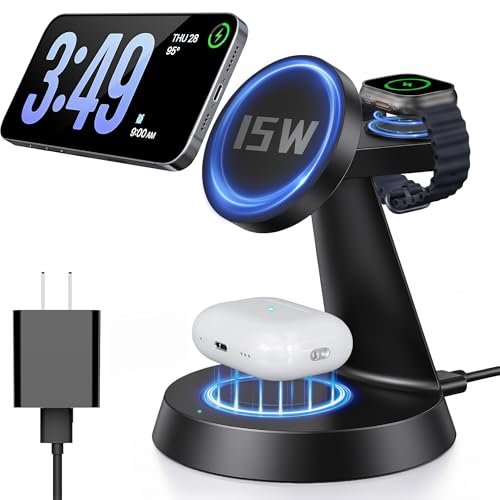 iPhone Charging Station 3 in 1 Wireless Charger for Apple Devices, 15W MagSafe Stand Compatible with iPhone 17 16 15 14 13 12 Pro Max Plus, Charging Dock for AirPods 4 3 2 & iWatch Series (Black) - color: Black