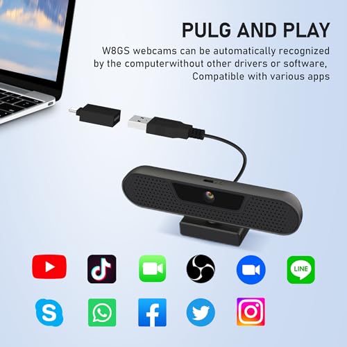 saylas 4K Webcam with 4 Noise Cancellation Microphone, W8GS Web Cam, Privacy Cover, 85° FOV, Plug & Play Web Streaming Camera for Computer, USB Webcam for Pc, Laptop, Desktop, Mac - color: 4K/85° FOV