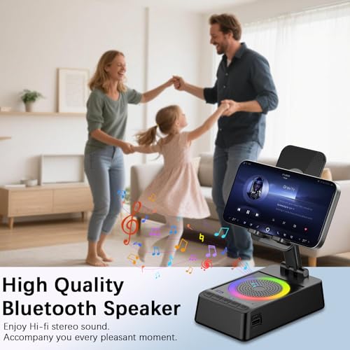 Gifts for Men Women, Cell Phone Stand with Wireless Bluetooth Speaker, 4 in 1 Bluetooth Speaker, for Men Women Teens, LED Lights 360° Phone Holder Compatible with Phones iPad - color: Jet Black
