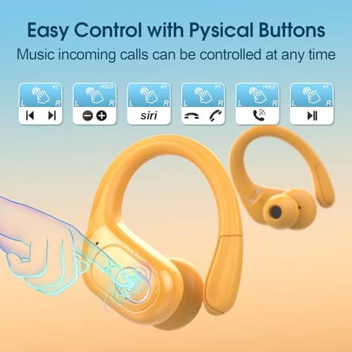 Wireless Earbuds 75H Bluetooth 5.4 Sport Headphones with Earhooks, Yellow | IPX7 Waterproof In-ear Buds Feature ENC Noise Cancelling Mic & Deep Bass. Stereo Sound Device for Gym Running Workout - color: Yellow