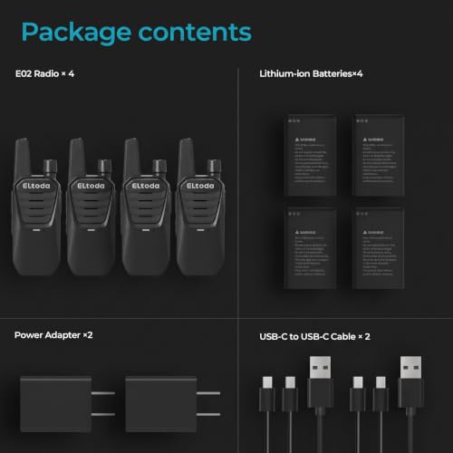 E02 Portable Walkie Talkies Long Range Rechargeable Two Way Radio | FRS, 16 Channels, USB-C Charging, 1020mAh, IP55, Vox, Keylock, Lightweight, Compact, Adults, Woring, Hiking, Camping