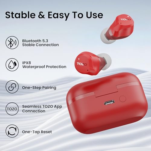TOZO NC9 Hybrid Active Noise Cancelling Wireless Earbuds, 6 Mics ENC Clear Call, IPX8 Waterproof, in Ear Bluetooth 5.3 Headphones Stereo Bass Ear Buds 60H Playtime with LED Display 32 EQs via APP - color: Bright Red