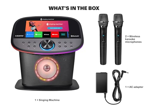 Singing Machine Karaoke Machine Screen, WiFi, Music Apps, 2 Microphones | Portable Karaoke Speaker for Adults & Kids, Ideal for House Parties, Compatible with YouTube & Spotify - color: black