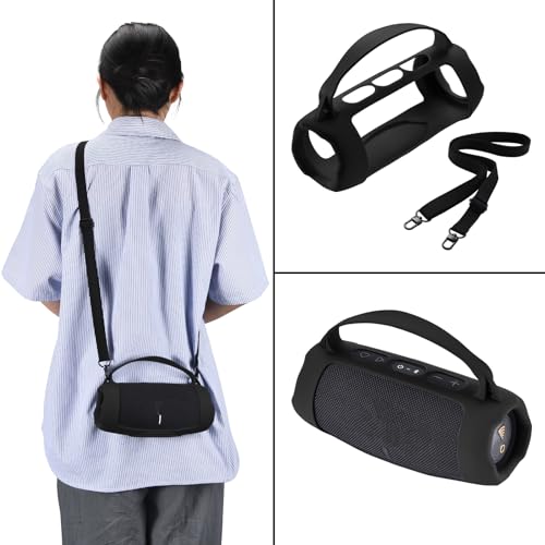 Silicone Case Cover for JBL Charge 5 Wi-Fi/Charge 5 Portable Bluetooth Speaker Protective Sleeve Skin Travel Carrying Case Replacement with Shoulder Strap Wireless Speaker Accessories(Black) - color: BLACK