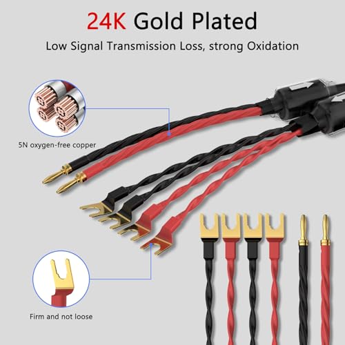Tertullus 1 Pair Biwire Speaker Cable 8 Spade Plugs 4 Gold Plated Banana Plugs (2.5m/8.20ft) - size: 8.20 ft