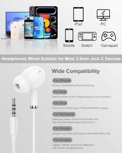 3.5mm Aux Jack Earbuds, Wired Over Ear Buds with Microphone, in-Ear Headphones for Apple iPhone ipad EarPods for Computer Laptop Gaming Devices, Stereo Bass Earphones for MP3 PC Air Pods Samsung - color: White