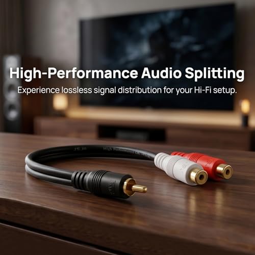 JSJ RCA Splitter Cable Male to 2 Female, 8 Inch Gold Plated OFC Y Adapter | RCA male to 2 female Y splitter, OFC dual shielded for subwoofer car amplifier home theater, gold plated metal housing - size: RCA M - 2 RCA F/0.5FT