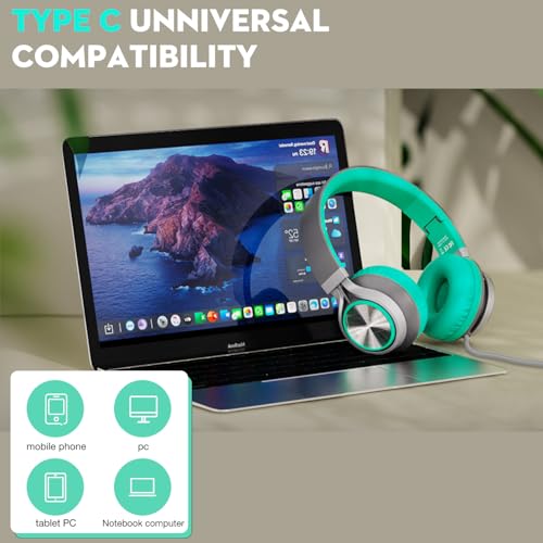 Bywulanda USB C Headphones with Microphone, Wired Over-Ear for School | Volume Control, HD Stereo Sound, Comfortable Fit, Wired Foldable Headphones for Adult/Teens/Laptop/Tablets/Travel, Green - color: Green