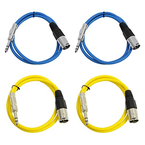 Seismic Audio - SATRXL-M2-4 Pack of 2 Foot 1/4 Inch TRS to XLR Male Patch Cables - Balanced - 2 Foot Patch Cord - Blue and Yellow - color: Blue and Yellow