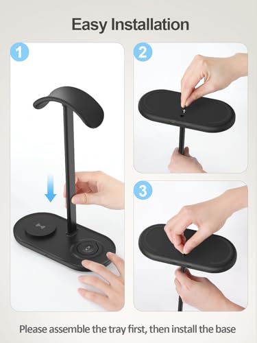 4 in 1 Headphone Stand, Airpod Max Charger Stand with 15W Wireless Charger | Headset Holder for AirPods Max 2/Pro/iWatch/Vision Pro, Charging for iPhone 17/16/15/14/13/12/11/X, Aluminum Alloy Rod, Black - color: Dark Black