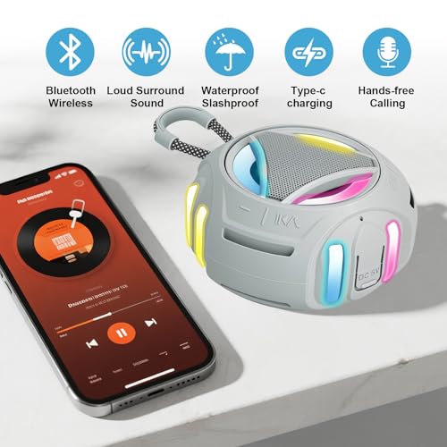 Portable Bluetooth Speaker, IPX7 Waterproof Shower Speaker, Wireless Outdoor Speakers, Floating, Built-in Mic, 24H Playtime with LED Lights, Loud HD Sound, Powerful Bass, Gifts for Unisex - Gray - color: Gray