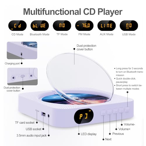 MICOCIOUS Portable CD Player with Bluetooth Desktop CD Player for Home CD Music Players with Remote Control,Timer,Built-in Dual Speakers with LED Display Home Audio Boombox FM Radio (Purple) - color: Purple