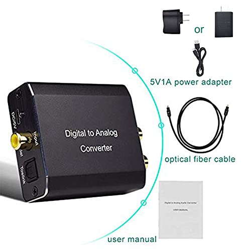 Digital to Analog Audio Converter, Hdiwousp 192 kHz DAC Digital Coaxial and Optical Toslink to Analog 3.5mm Jack and RCA (L/R) Stereo Audio Adapter with Optical Cable for HDTV Home Cinema, Aluminum