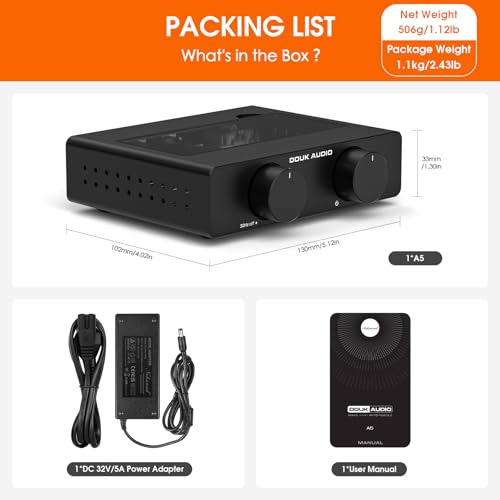 Douk Audio A5 2 Channel TPA3255 Stereo Amp, 300 Watts x2 Mini Hi-Fi Audio Power Amplifier Class D for Home Theater System, Passive Bookshelf Tower Speakers with High-Pass Filter + 32V Power Supply