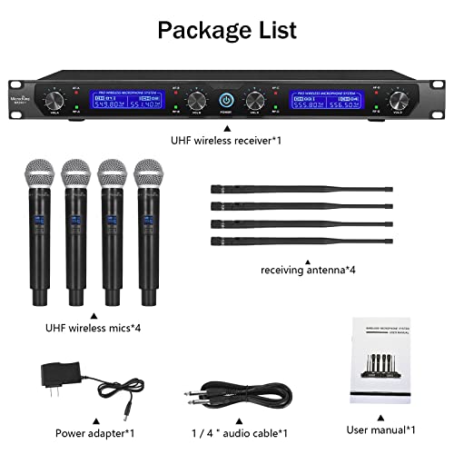 MicrocKing 4 Channel UHF Wireless Microphone System, 4 Handheld Wireless Microphones with Receiver, 400ft Long Range, Professional Dynamic Mic Set for Church, Conference, Wedding, Karaoke and Speech - style: 4 Handheld mics