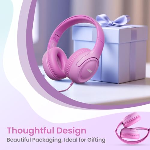 Acer Kids Headphones for School, 85-94dB Limiter, 3.5mm Jack, w/Mic HK03 | Foldable Wired Over Ear Headphones, for Toddler School/Travel/iPad/Tablet, Pink-Gradient - color: Pink Gradient