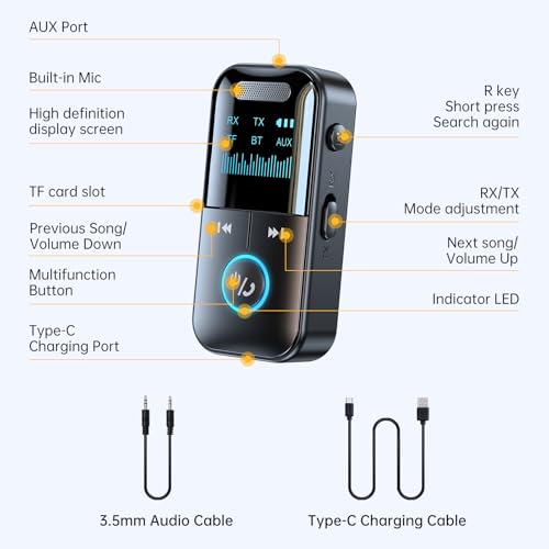 Bluetooth 5.4 Audio Transmitter Receiver for Car/TV, 4-in-1 Aux HD Screen | Wireless Bluetooth Adapter, Low Latency/TF Card/Hands-free Calling, for Airplane, Car, Laptop, Radio,TV, Headphones, Speakers