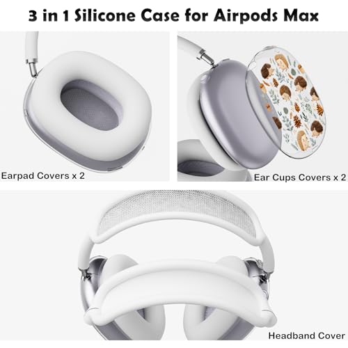 for AirPods Max Headphones Hedgehog Ear Covers for AirPods Max 2 | Cute Leaves Clear Ear Cups Cover | White Silicone Ear Pad Case Headband Cover for Apple AirPods Max 2/1 (2026/2024/2020) - color: Hedgehog/White