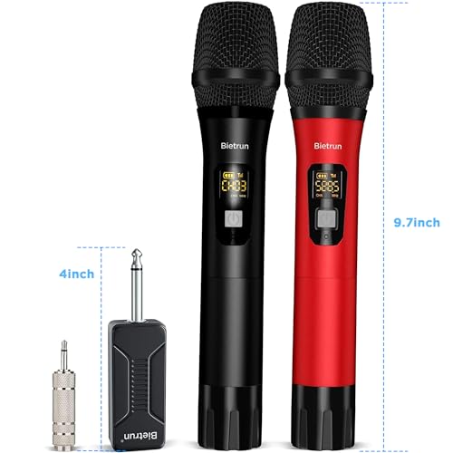 Bietrun Wireless Microphone Dynamic Mic System with Rechargeable Receiver, 1/4" Output, for Karaoke, Church, Speech, Wedding, Party Singing(160 ft Range)-Auto Connect - color: Black Red