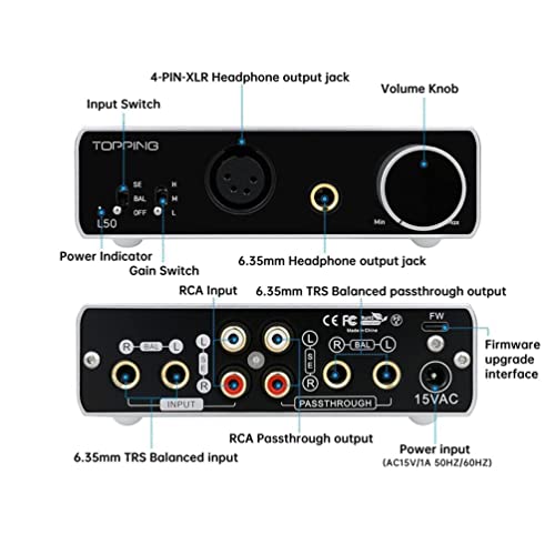 Topping L50 NFCA Headphone Amplifier, 3500mW x 3500mW HiFi SE/BAL Input Desktop Home Audio Amp 6.35mm 4 Pin XLR Iems Output Gain Switch 2 Channel Preamplifier (Silver)