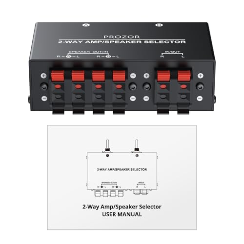 PROZOR 2-Zone Speaker Switch Box Passive Stereo Amp/Speaker Selector | Independent A/B Control, 2-Way speaker switcher selector for Amplifier Receiver 150W RMS per Channel Support 4–16Ω Speakers - size: Spring Clip 2 Zone