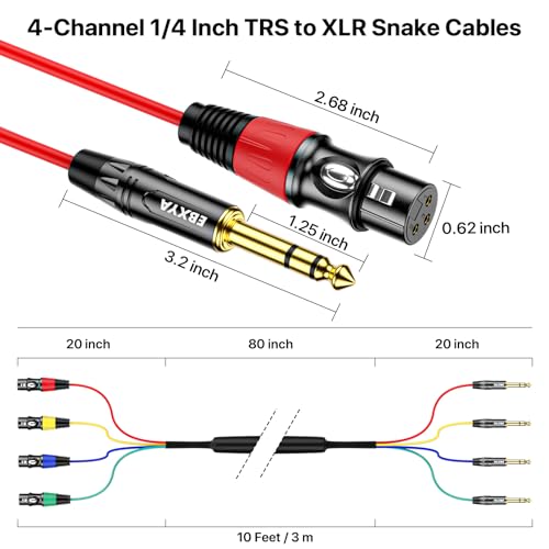 EBXYA 4 Channel XLR Female to 1/4 Inch TRS Snake Cables | Balanced XLR Microphone Cable to 6.35mm Jack Lead,10 Feet 1Pack - size: 4-Channel 10 Feet, style: TRS to XLR Female