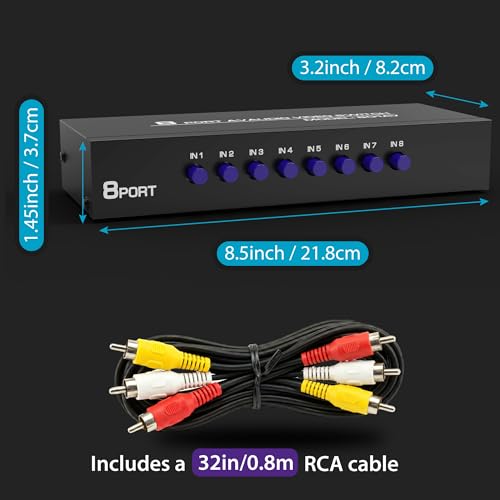 Fosmon 8방향 RCA 스플리터 및 AV 스위치, 20.3cm(8인치) (암) 1 아웃(암) 오디오 비디오 스테레오 셀렉터 스위치 박스, RCA 컴포지트 패치 케이블 및 S-비디오 케이블 포함, HDTV, STB, 게임 콘솔용 - color: 8방향