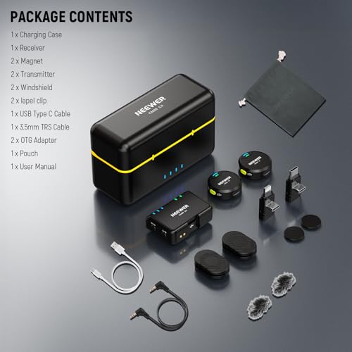 NEEWER CM29 Mini Wireless Microphone, 48KHz/24Bit Noise Cancelling Clip On Lav Mic, 25H Battery, 150m Range, Compatible with iPhone iPad Android DJI Insta360 Camera PC Mac (1RX+2TX+Charging Case) - style: CM29
