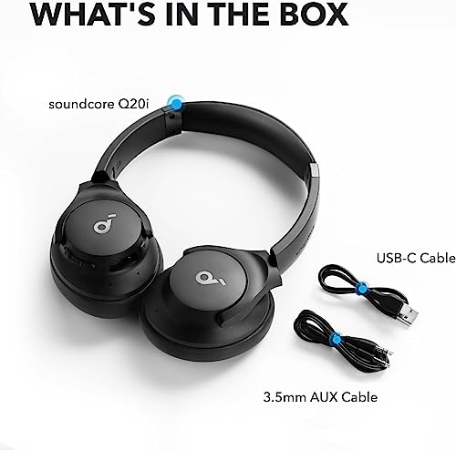 Soundcore by Anker Q20i Hybrid Active Noise Cancelling Headphones, Black | Over-Ear, Bluetooth, 40H ANC Playtime, Hi-Res, Big Bass, Transparency Mode, Customize via App, Travel, Home, Office - color: Black