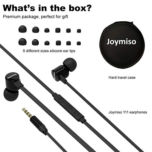 Joymiso Wired Earbuds for School Kids Women Small Ears w Mic and Case Black | Volume Control, 6 Sizes Tips, Lightweight Comfortable, Tangle Free Flat Cable, in Ear Headphones for Cell Phone Laptop Tablet