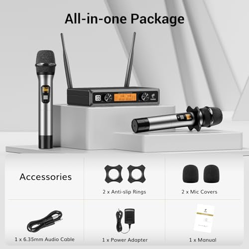 TONOR Wireless Microphones System, 2 * 15 Channel Dynamic Mics Silver*2 | UHF Handheld Metal Mic with Receiver, Pro Cordless Micro for Karaoke, Meeting, Party, Church, DJ, Wedding, KTV, 200ft, TW-820 - style: 2 Mics