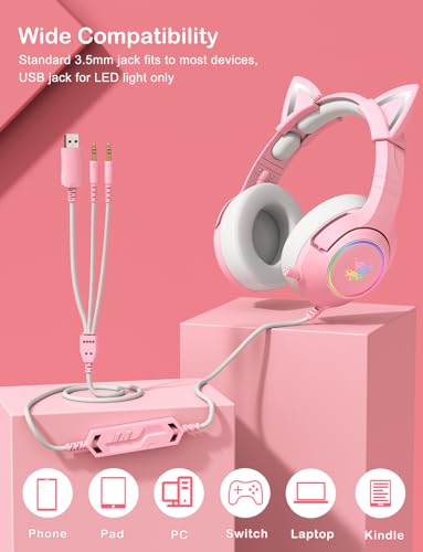 PHNIXGAM Gaming Headset - Removable Cat Ears, RGB/Retractable Mic (A Pink) | Wired 3.5mm surround sound gaming headphone, compatible with PC, PS4, PS5, mobile, cute light pink design - color: A Pink 3.5mm