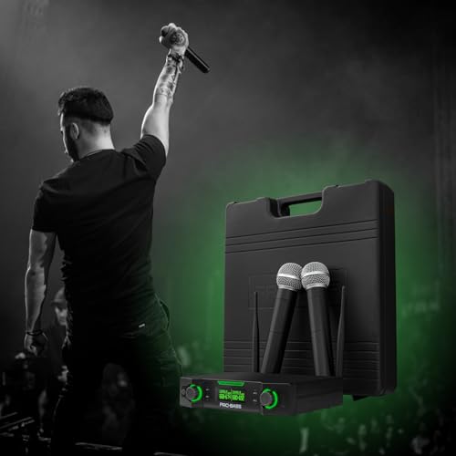 Pro Bass UF‑224 Dual UHF Wireless Microphone System – 24-Channel, Auto Sync, Clutter Suppression, XLR 1/4” Outputs – 8h Battery – Hard Carry Case – Ideal for Church, Events, Karaoke, Weddings