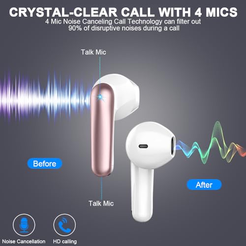 Wireless Earbuds, Bluetooth 5.4 Headphones 50H Playback Bass Stereo Ear Buds with 4 ENC Cancelling Mics, in-Ear Earphones with LED Display, IP7 Waterproof USB-C for Laptop Pad Phones Workout Rose Gold - color: Rose Gold