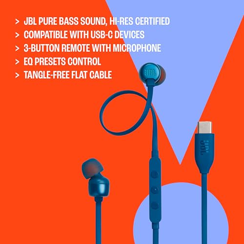 JBL Tune 310C - Wired Hi-Res in-Ear Headphones, Tangle-Free Flat Cable, 3-Button Remote with Microphone (White)
