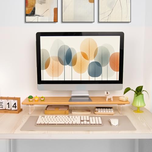 Bamboo Monitor Stand Riser, Natural Desk Shelf with Acrylic Legs | 31.5-Inch Wide, 3.3-Inch Clearance, Fits Monitor, Laptop, Printer and Speakers for Small Desks - color: Natural