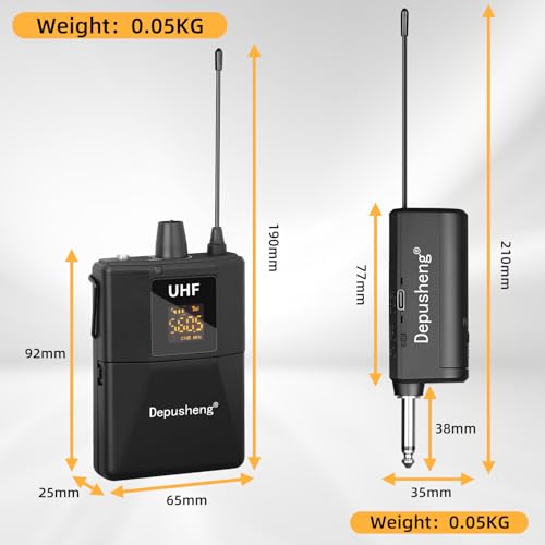 Depusheng UHF Wireless Microphone Headset System -Wireless Headset Mic System, with Lavalier Lapel Mics,200ft Range, 1/8'' and 1/4'' Plug for Recording PA Speaker,Conference