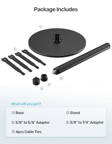 7.7-in Desktop Mic Stand, Weighted Base for Multi Microphone Holder Stand | 3/8 Thread, With 5/8, 1/4 Adapters for Wide Compatibility, Cable Ties, Table Stand for Multi Microphone Holder/Podium/Podcast