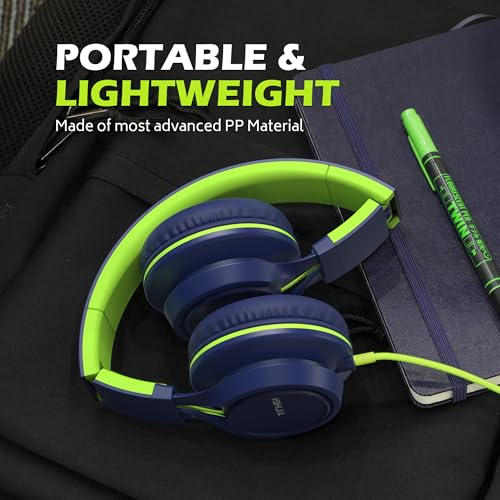 유선 헤드폰, 마이크 포함, 학교, 어린이, 남아, 여아 청소년용 3.5mm, 블루그린 | 볼륨 컨트롤이 있는 온이어 헤드셋, 스마트폰, 크롬북 노트북 컴퓨터 태블릿, 비행기 여행용 유선 접이식 - color: 블루 그린, size: 미디엄