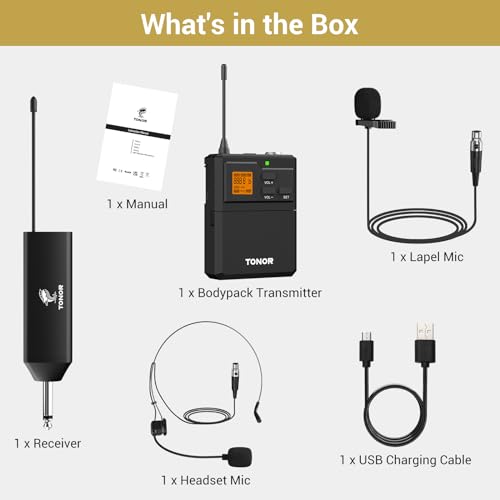 TONOR UHF Wireless Microphone System, 1 Set of Bodypack & Lavalier Mic | UHF Headset Lapel Mic, Rechargeable Receiver, 15 Channels 60 m/200ft Range 1/4" Output for Teaching, Recording ,Tour Guide