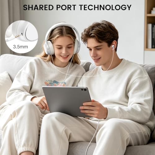 USB C Wired Over-Ear Headphones with Microphone | Volume Control, Share Port, Adjustable Headband Foldable Stereo Headset for Adult/Teens for iPhone 16, Laptop, Gaming, Travel - color: White