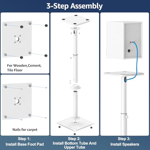 MOUNTUP Universal Speaker Stands Pair, 28.3" to 37.4" Height Adjustable Floor Speaker Stands, Holds Bookshelf & Large Satellite Studio Speakers, Cable Concealing, 22LBS Capacity, 9.8" Plate, White