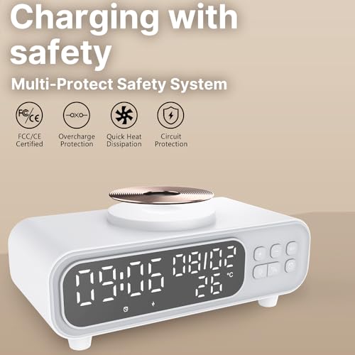 IHAO 5in1 Alarm Clock with Wireless Charging Night Light 15W Fast Charger for Phone and Headphone, LED Digital Display with Date & Temperature, Dimmable for Bedroom & Office-D15 Clock White - color: Wireless Charger Alarm Clock D15 Clock White