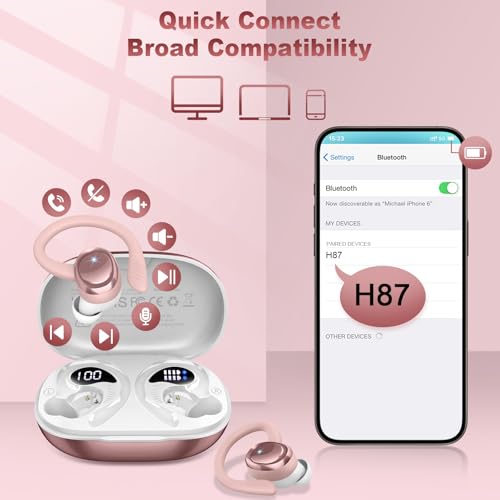 Hupoaf Wireless Earbuds Sport, NEW Bluetooth 5.4 Headphones with Earhooks, 50H Stereo Deep Bass Over Ear Buds with 4 ENC Noise Canceling Mics, IP7 Waterproof Earphones for Running Workout Gym -Pink - color: A-Pink
