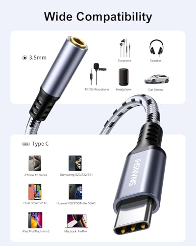 SNANSHI USB C to 3.5mm Audio Adapter - Headphone Jack to USB C Dongle Cable, Aux to USB C Adapter Cord Compatible with iPhone 17 16 15 Pro Max Plus, Galaxy S25 S24 S23 Ultra, Pixel 9 8, iPad