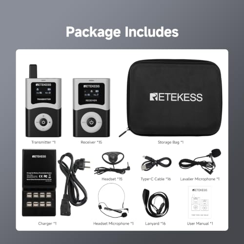 Retekess T130U(4nd Gen T130)Tour Guide System, Translation System(1TX 15RX) | for Church,School,Travel, with Storage Bag, U-Band, 200M, 40H, Digital mode, Less Interference voice, Wireless connection - style: 15 with Storage Bag