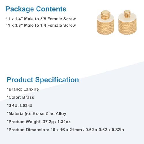 2 Pack Camera Screw Adapter, 1/4" Male to 3/8" Female & 3/8" Male to 1/4" Female Thread Adapter Set for Tripod Stand, Microphone Stand, Mic Mount, and Camera Monitor (Brass)